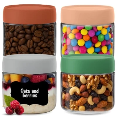 Imagen de HEFTMAN Overnight Oats tarros de avena con tapas, paquete 4 300 ml tapas herméticas y coloridas, vidrio, aptas para alimentos, desayuno, yogur, pudín
