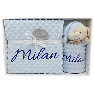 Imagen de Variouss Manta de Bebe Personalizado con su Nombre Bordado, copito, Regalos Padres Primerizos. Bautizo, Baby Shower (Manta + DouDou)