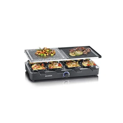 Imagen de SEVERIN Raclette con piedra natural y placa de parrilla, grill parrilla antiadherente 8 sartenes, eléctrica para personas, máx. 1400 W, negro, RG 2371