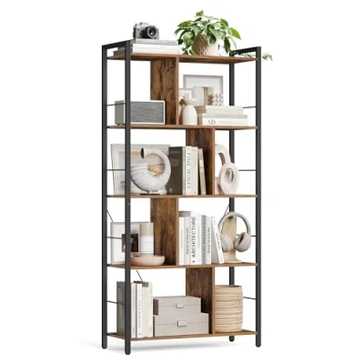 Imagen de VASAGLE estantería, Estante de salón 5 Pisos, Almacenamiento Industrial con Compartimentos Abiertos para Oficina en casa, Dormitorio, Estilo Industrial, marrón rústico y