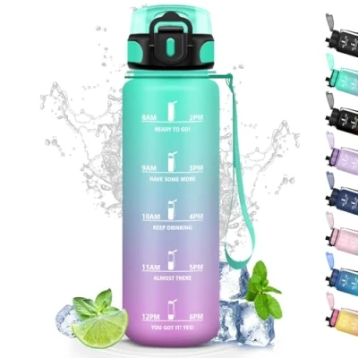 Imagen de Botella Agua, Agua 1 Litro con Filtro, Reutilizable Marca de Tiempo, Deporte Eslogan Motivacional, Fácil Limpiar, Cantimplora para Gimnasio, Correr, Acampar