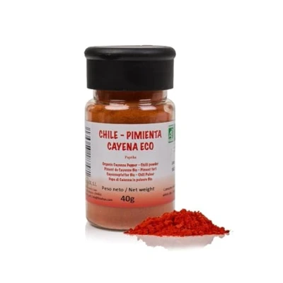 Imagen de FRISAFRAN Pimienta Cayena en polvo 40g molida Ecológica sin aditivos Estimula el tracto digestivo picante Origen ESPAÑA