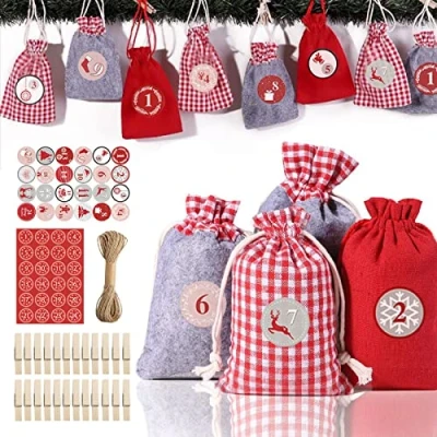 Imagen de Zueyen Kit de calendario Adviento Navidad 2025, haz tu propio Adviento, bonito cuenta regresiva con bolsa arpillera cordón para decoraciones