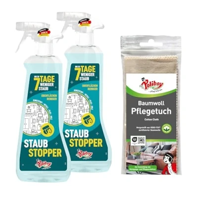 Imagen de Polliboy Tapón de polvo hasta 7 días menos Limpiador multiusos para muebles y superficies propensos al 2 x 500 ml con paño algodón Fabricado en Alemania