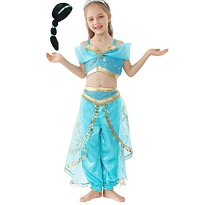 Imagen de Lito Angels Disfraz de Princesa Jasmine para Niña con Capa Vestido Jazmin Peluca Talla 8 A 9 Años Verde Azulado, Estilo
