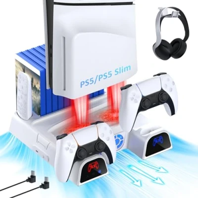 Imagen de NexiGo Soporte Vertical Mejorado con para Auriculares PS5 Disc y Digitales, Adaptador de AC, Cargador Controladores Duales