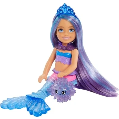 Imagen de Barbie Mermaid Power Chelsea Muñeca sirena con pelo largo azul y morado, cola de purpurina, cofre accesorios, juguete +3 años (Mattel HHG57)