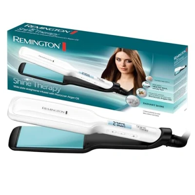 Imagen de Remington Plancha de Pelo Shine Therapy, Aceite Argán, Placas Flotantes Anchas, Resultados Profesionales, Cerámica Avanzada, Temperatura hasta 235C, Digital, Blanco, 110 x 50 mm, S8550