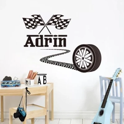 Imagen de Pegatinas De Pared Personalizadas Con Nombre Niño, Neumáticos Coche Carreras, Calcomanías Banderas A Cuadros, Rueda F1, Vinilo For Habitación Murales Decoración Sala (S