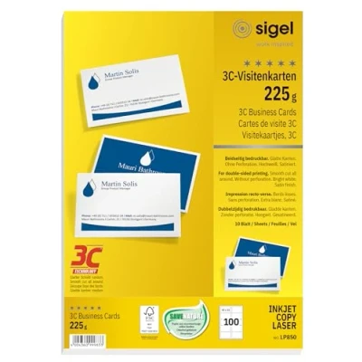 Imagen de Sigel LP850 Tarjetas de visita, 3C impresión por las dos caras, imprimible, 85x55 mm (A4), 225 g, 100 unds, 10 hojas