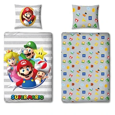 Imagen de Juego de Ropa cama infantil Super Mario Gris · 135 x 200 cm 80 100% algodón Luigi Yoshi Toad Peach reversible linón