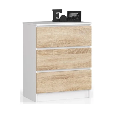 Imagen de AKORD Cómoda K60 con 3 cajones Credenza Alta Mueble Moderno para Sala de Estar, Comedor, Dormitorio, Entrada, baño Armario Infantil 60x77x40 cm 25 kg Blanco &amp; Roble Sonoma Frente