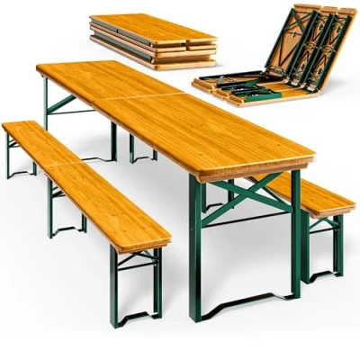 Imagen de CASARIA Conjunto Mesa y Bancos Largos 10 Personas Plegables Cerveza 220Cm Madera Acero 220x50x75cm