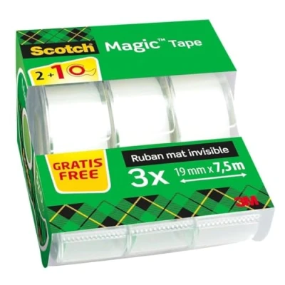 Imagen de Scotch Magic Cinta Adhesiva Invisible 2 Rollos de 19mm x 7,5m + 1 GRATIS Uso General para Reparación, Etiquetado y Sellado Paquetes Documentos