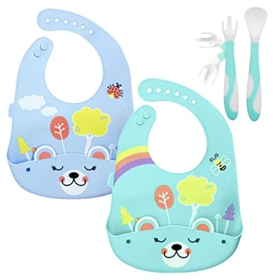 Imagen de BRUNOKO Juego de 2 Baberos silicona + cubiertos para bebés 3 en 1 impermeables utensilio niños pequeños (cuchara &amp; tenedor bebé) alimentación sin BPA