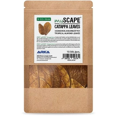 Imagen de ARKA Juego de 10 hojas Badamier Myscape Catappa, 12,5 a 16 cm, acondicionador agua natural para peces y camarones en acuarios dulce, alimento langostinos
