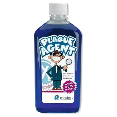 Imagen de Miradent Plaque Agent® Solución para enjuague dental (500 ml, control de placa niños, con agradable sabor a goma burbujas, lista usar, incluye tapón dosificador, sin eritrosina,