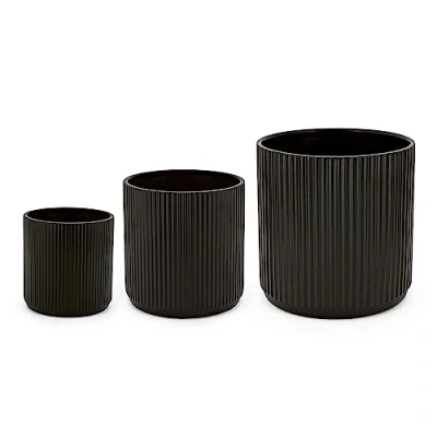 Imagen de Amazon Basics Redondo Macetas de cerámica, varios tamaños, estriada, Paquete 3, 15.2, 20.3, y 25.4 cm, negro