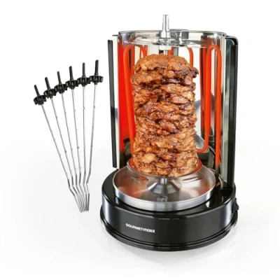 Imagen de Gourmetmaxx 05914 Asador Brocheta con Pincho Giratorio, Distribución del Calor 360º, Desmontable Parcialmente, Piezas Aptas para Lavavajillas, 1400 Vatios
