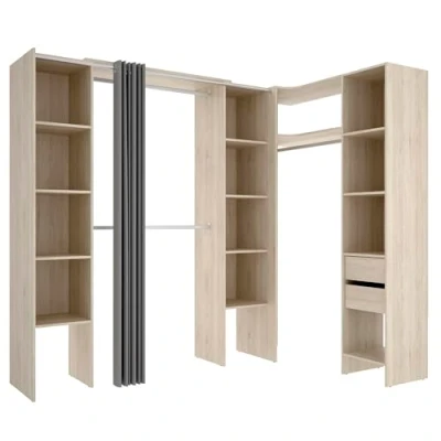 Imagen de DEKIT GRUPO RIMOBEL SUIT Conjunto de Vestidor rinconero con dos columnas, zona barras y cortina Natural 205 x 184 234 141 cm