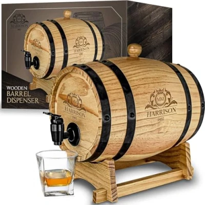Imagen de Mikamax Dispensador de barril madera tradicional vino y whisky barriles tradicionales 20 cm diámetro 3 l