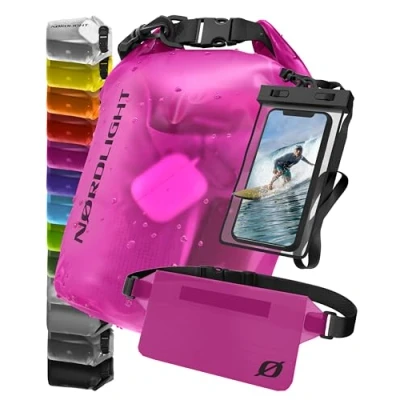 Imagen de Nordlight Juego de 3 Bolsas Impermeables (Rosa) Dry Bag 10L + Funda Impermeable para teléfono móvil riñonera protección IPX8 con Correas Ajustables Playa Paddling