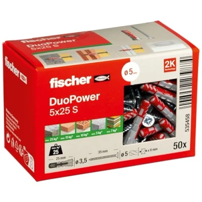 Imagen de fischer DUOPOWER 5 x 25 S, tacos y tornillos para pared universales de seguridad, 2 componentes plástico fijación en hormigón, ladrillo, piedra, cartón yeso, (50 + 50 tornillos)