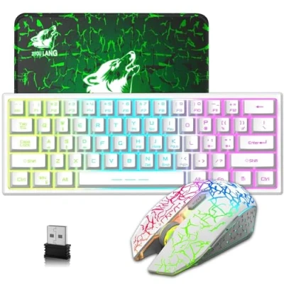 Imagen de LexonElec T61 60% Compact Blanco Teclado Y Raton Gaming Inalámbrico USB Wireless Keyboard Retroiluminado Pequeño Ergonomico 3800mAh RGB QWERTY + 2400 dpi Rainwbow Mouse Accessories PC Mac