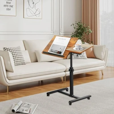 Imagen de HUOLE Mesa Auxiliar en Forma de C Ajustable Altura Centro versátil, para portátil y mesita Noche con Ruedas, Tablero madera 60 * 34.5 58/90cm amarillo Cereza