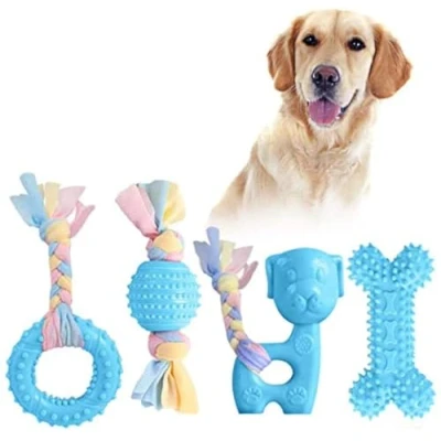 Imagen de JYPS Puppy Chew Toys, 4pcs Juego de Juguete para la dentición del Perro con Bolas y Cuerdas algodón Regalo Interactivo Juguetes Mascotas Cachorros pequeños Perros medianos (Azul)