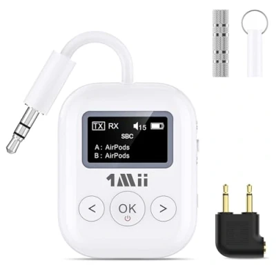 Imagen de 1Mii Transmisor y receptor Bluetooth SafeFly Min+, adaptador para aviones, 2 dispositivos se pueden conectar, usar con cualquier enchufe de 3,5 mm en equipo fitness