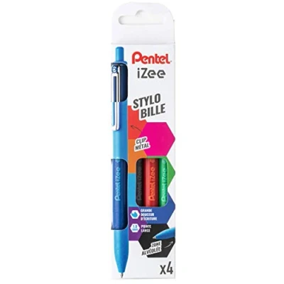Imagen de Pentel BX470/4BASIC iZee Bolígrafo retráctil con clip de metal, color negro, azul, rojo y verde
