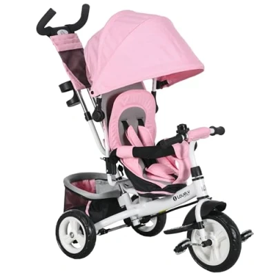 Imagen de HOMCOM Triciclo para Bebés Evolutivo Niños con Toldo Plegable Mango de Empuje Telescópico y Desmontable Bolso Mamá Portabotellas 102x49x102 cm Rosa