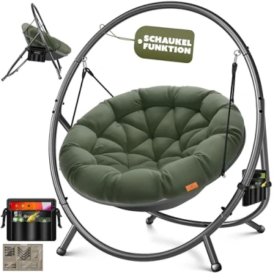Imagen de KESSER® Hamaca colgante con estructura, columpio colgante, hasta 150 kg, para interior y exterior, incluye cojín bolsillo lateral, cesta estructura de acero espuma, ideal