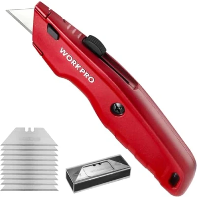 Imagen de WORKPRO Cutter Profesional, Cúter Universal, Cortador Profesional con Mango de Aluminio Antideslizante, Cuchillo 10 Cuchillas Adicionales, Rojo