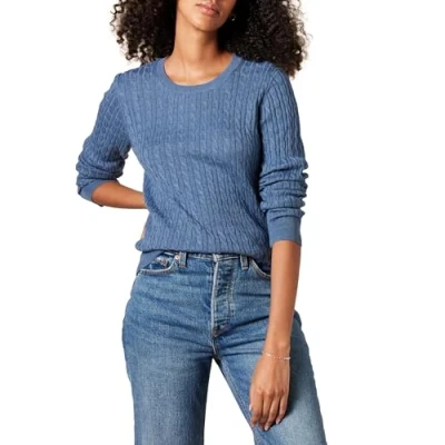 Imagen de Amazon Essentials Jersey de Cuello Redondo y Manga Larga en Ligero Punto Trenzado (Disponible Tallas Grandes) Mujer, Azul Mezcla, XL