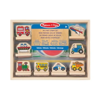 Imagen de Melissa &amp; Doug Juego de sellos madera Vehículos, 8 y dos almohadillas tinta, Juguete creativo madera, Actividades creativas, Regalo para niños niñas 3 4 5 6 7 Años