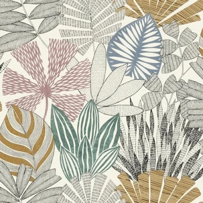 Imagen de Rasch Papel pintado 868258 no tejido con diferentes hojas en azul, verde, rosa, marrón, negro y blanco de la colección Symphony 10,05 m x 0,53 (largo ancho)