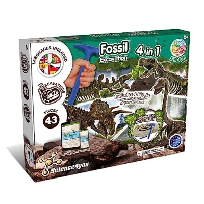 Imagen de Science4you Excavaciones Fósiles 4 en 1 Kit Paleontologia para Niños 6+ Años, Excava 46 Fosiles de Dinosaurios, Juguete Científico y Educativo con Dinosaurios +6 Años