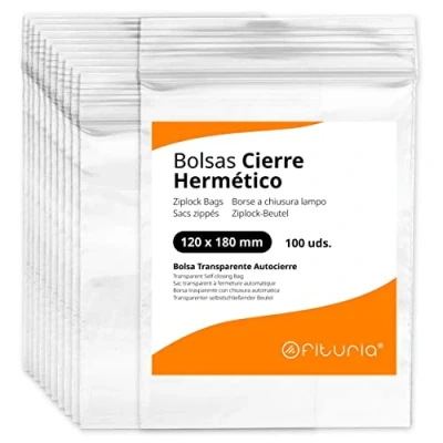 Imagen de Bolsas con Cierre Hermético de Plástico Transparentes Ideales para Congelar Alimentos, Guarda Documentos, Reutilizables y Conservación Ofituria (100 Bolsas, 120 x 180 mm)