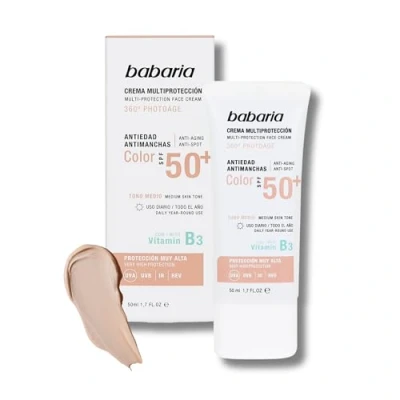 Imagen de Babaria Crema Facial de Día con Color, Multiprotección 360º Photoage, Antiedad y Antimanchas, SPF50+ UVA UVB e Infrarrojos, Vitamina B3, Tono Medio, Vegano, Unisex 50 ml