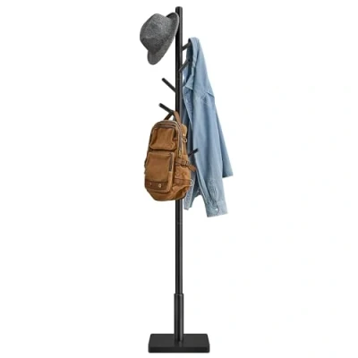 Imagen de VASAGLE Perchero, Perchero de Madera Maciza, Pie con 8 Ganchos para Abrigo, Sombrero, Bolso, Cartera, Entrada, Pasillo, y Mástil Caucho, Negro Tinta RCR010B01