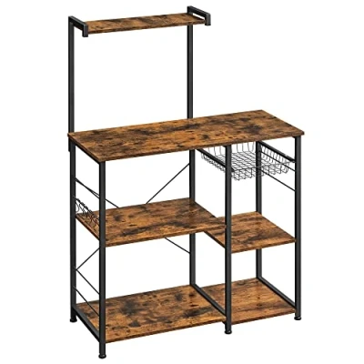 Imagen de VASAGLE Estante de Cocina, Pie con Cesta Metal, para Maletas 6 Ganchos y Estantes, Microondas, Especias, Ollas Utensilios Diseño