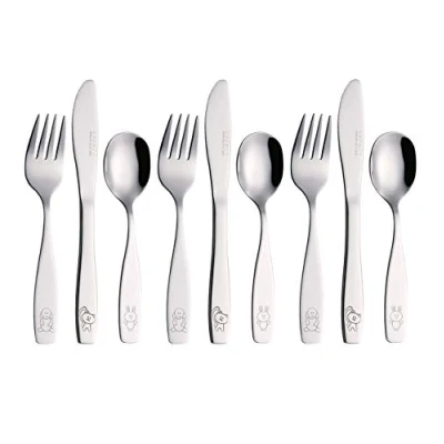Imagen de Exzact Cubertería Infantil 9 Pieza para niños de Acero Inoxidable 3 x Cena Cuchillo, Tenedor, cuchar(Perro Gato Conejo 9)