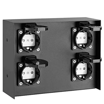 Imagen de Bakaji Regleta para exterior de suelo y pared, columna eléctrica jardín, poste columna, 4 tomas Shucko, impermeables, IP44, con puerta, estructura acero, color negro, 20 x 7 16 cm