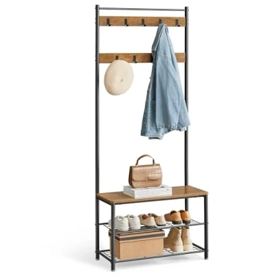 Imagen de VASAGLE Perchero con Estante para Zapatos, Mueble de Entrada Banco, 3 en 1, Marco Acero, y Pasillo, 32 x 70 177 cm, Estilo Industrial, marrón castaño Negro HSR041B41