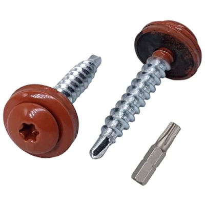 Imagen de Paquete de 60 tornillos Torx para techos metal, autoperforantes pintados 4,8 x 35 mm con arandelas EPDM, tornillo chapa metálica (60, cobre marrón RAL 8004)
