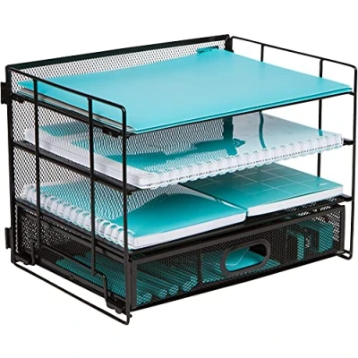 Imagen de Organizador de Oficina Malla para Escritorio con 4 Niveles y Cajón Deslizante Almacenar Suministros Oficina, Archivos, Carpetas, Lápices, el Hogar u