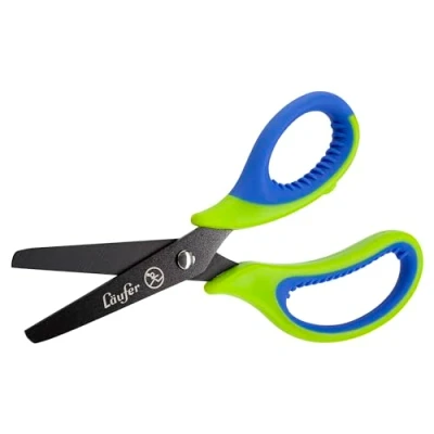 Imagen de Läufer 87221 Tijeras ergonómicas para manualidades niños Escuela a partir de 1er grado, verde/azul, diestros, punta redonda
