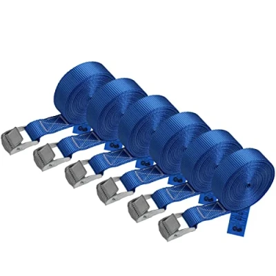 Imagen de Correa de amarre cinturón con hebilla azul 1m 2,5m 4m 6m diferentes cantidades resistente a 250 kg DIN EN 12195 2, 6 piezas 2.5 cm x m